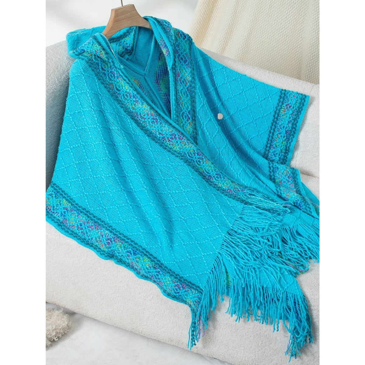 Fringe Half Sleeve Hooded Poncho