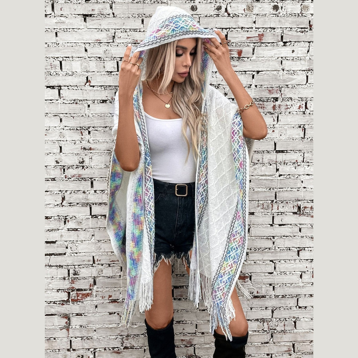 Fringe Half Sleeve Hooded Poncho