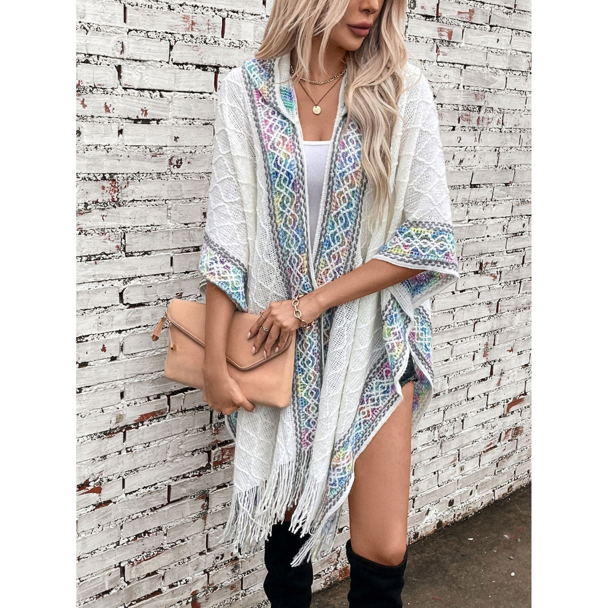 Fringe Half Sleeve Hooded Poncho