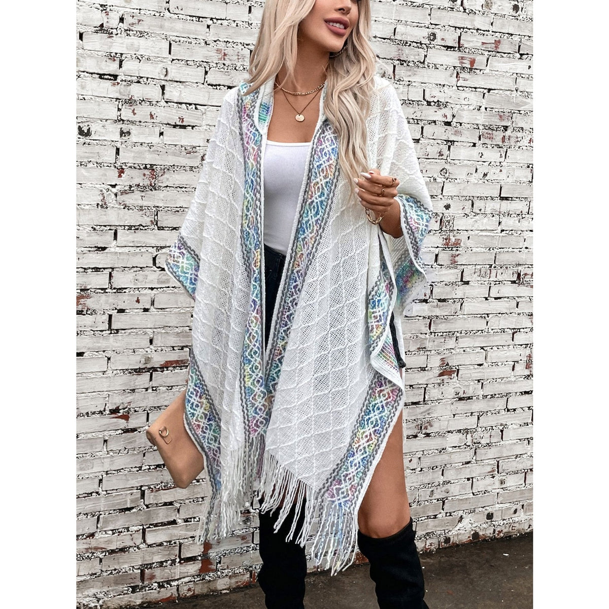 Fringe Half Sleeve Hooded Poncho