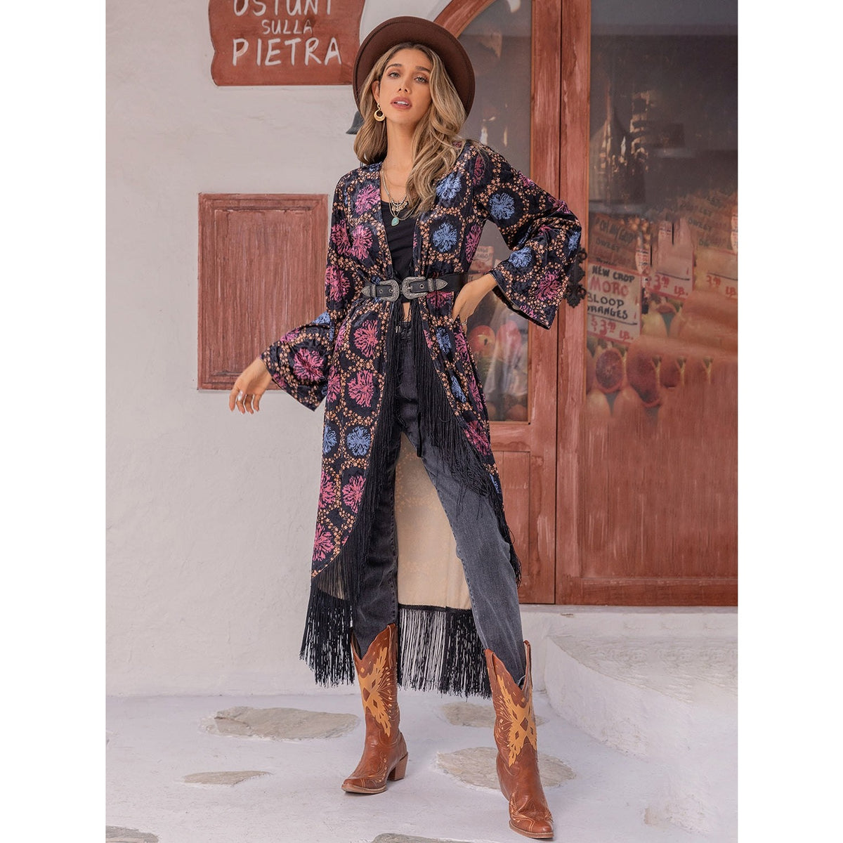 Fringe Open Front Long Sleeve Cardigan