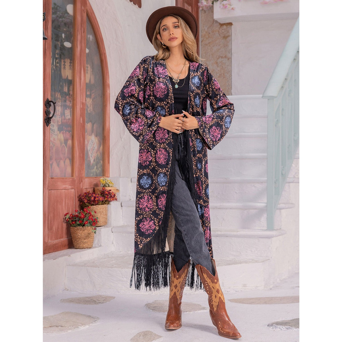 Fringe Open Front Long Sleeve Cardigan