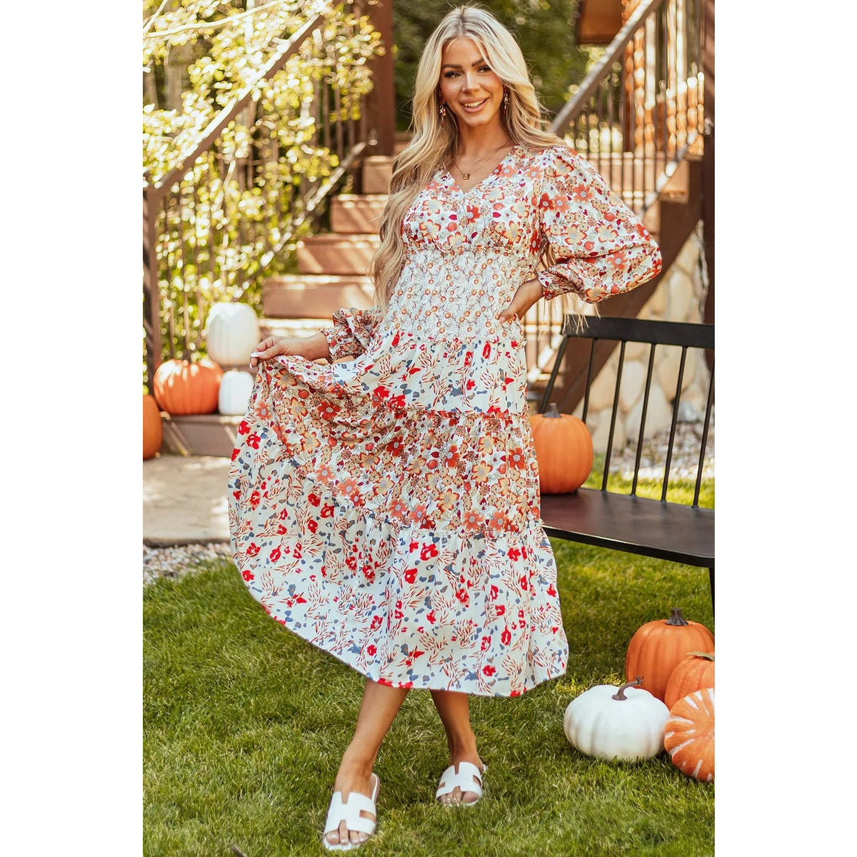 Full Size Printed V-Neck Lantern Sleeve Midi Dress