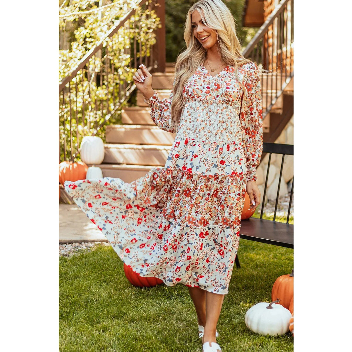 Full Size Printed V-Neck Lantern Sleeve Midi Dress