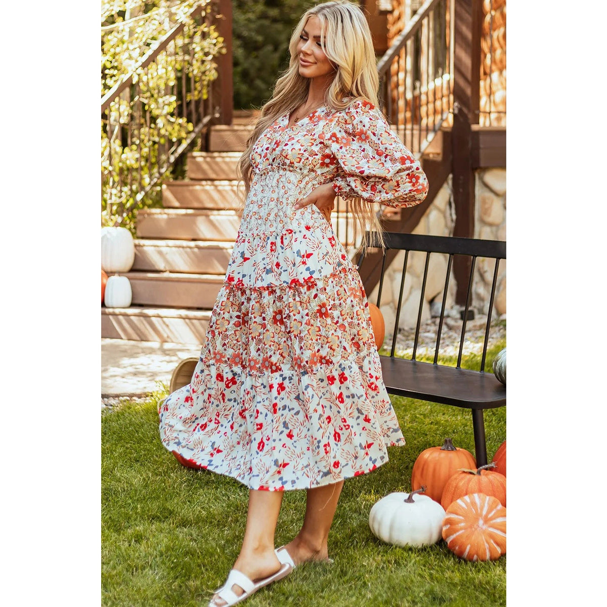 Full Size Printed V-Neck Lantern Sleeve Midi Dress