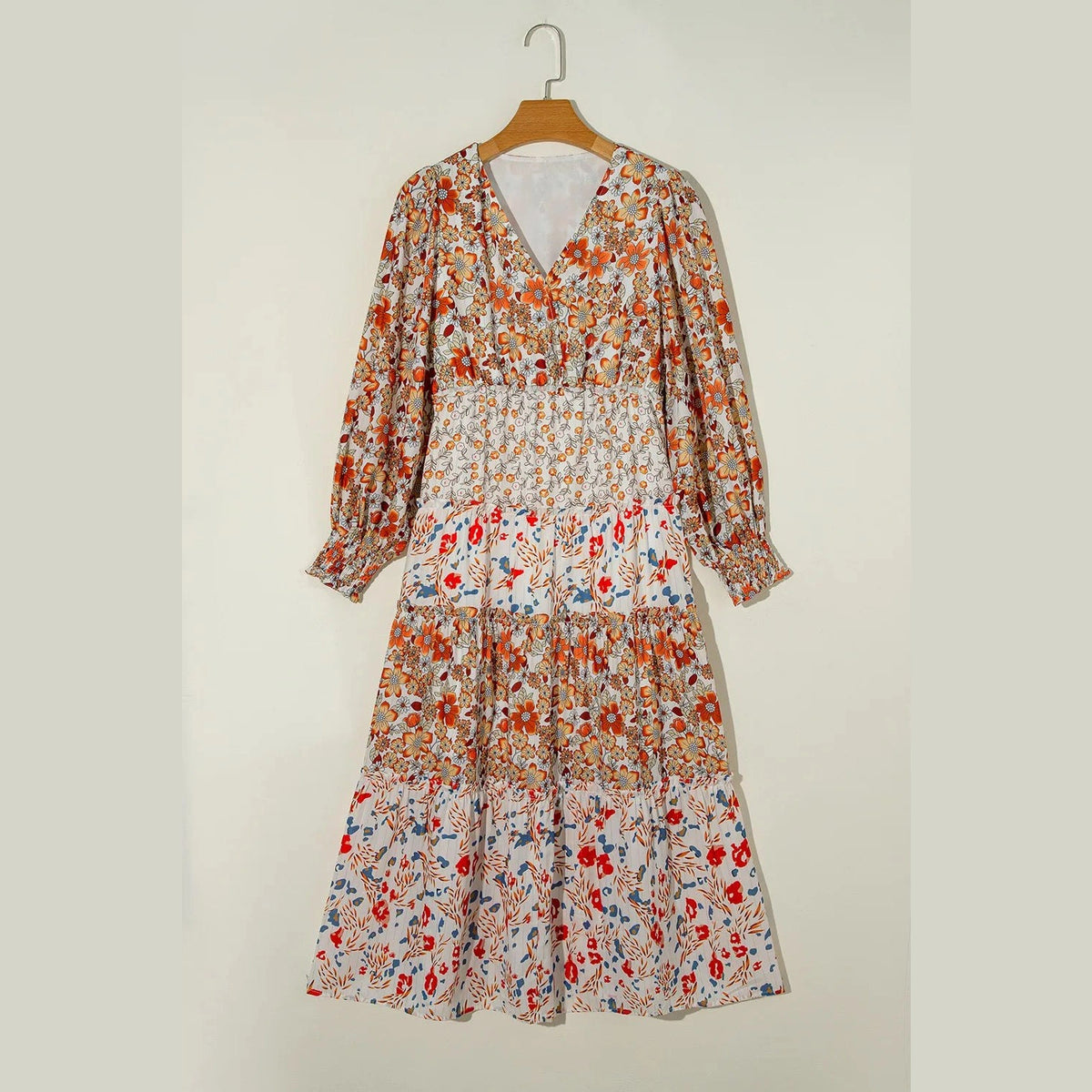 Full Size Printed V-Neck Lantern Sleeve Midi Dress