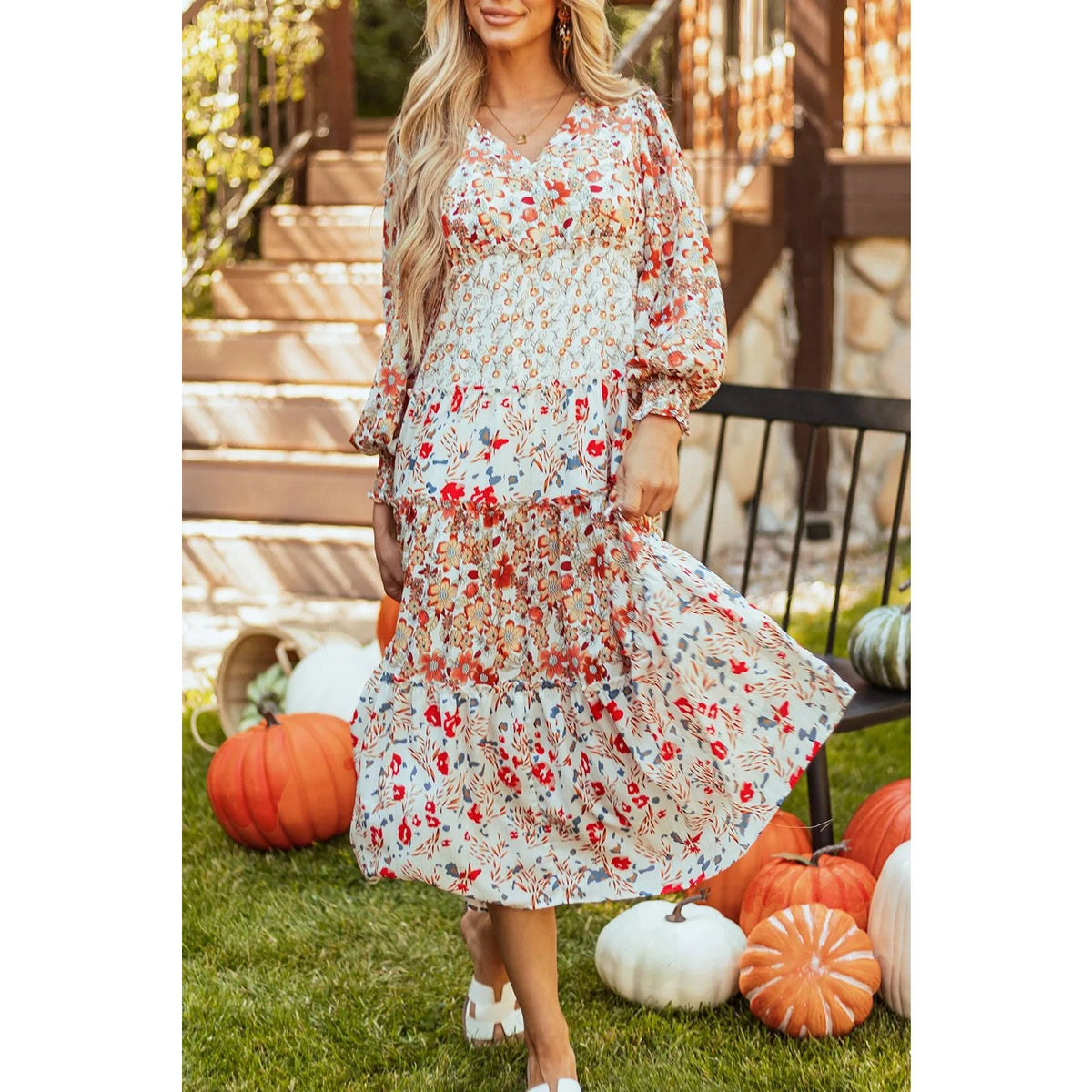 Full Size Printed V-Neck Lantern Sleeve Midi Dress