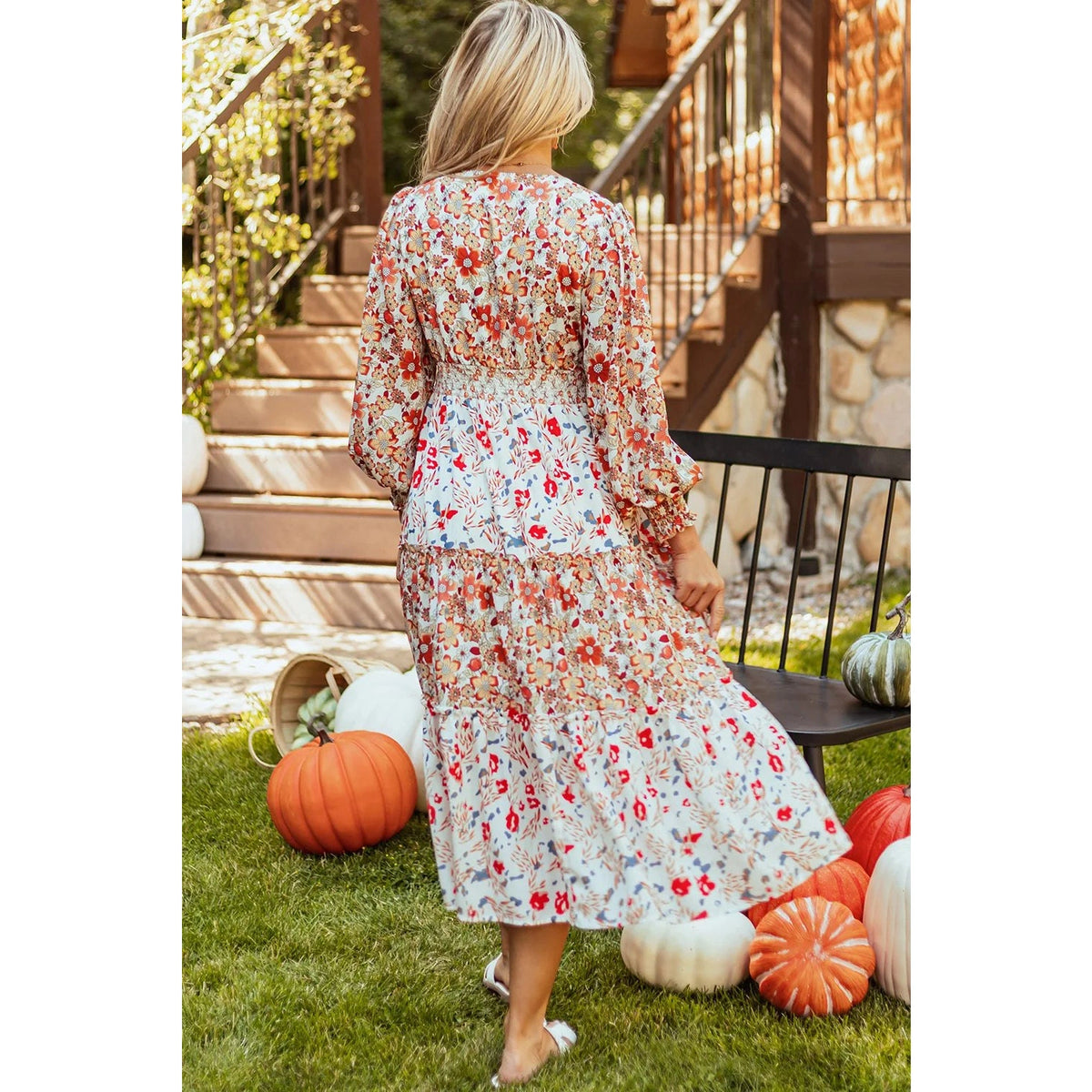 Full Size Printed V-Neck Lantern Sleeve Midi Dress