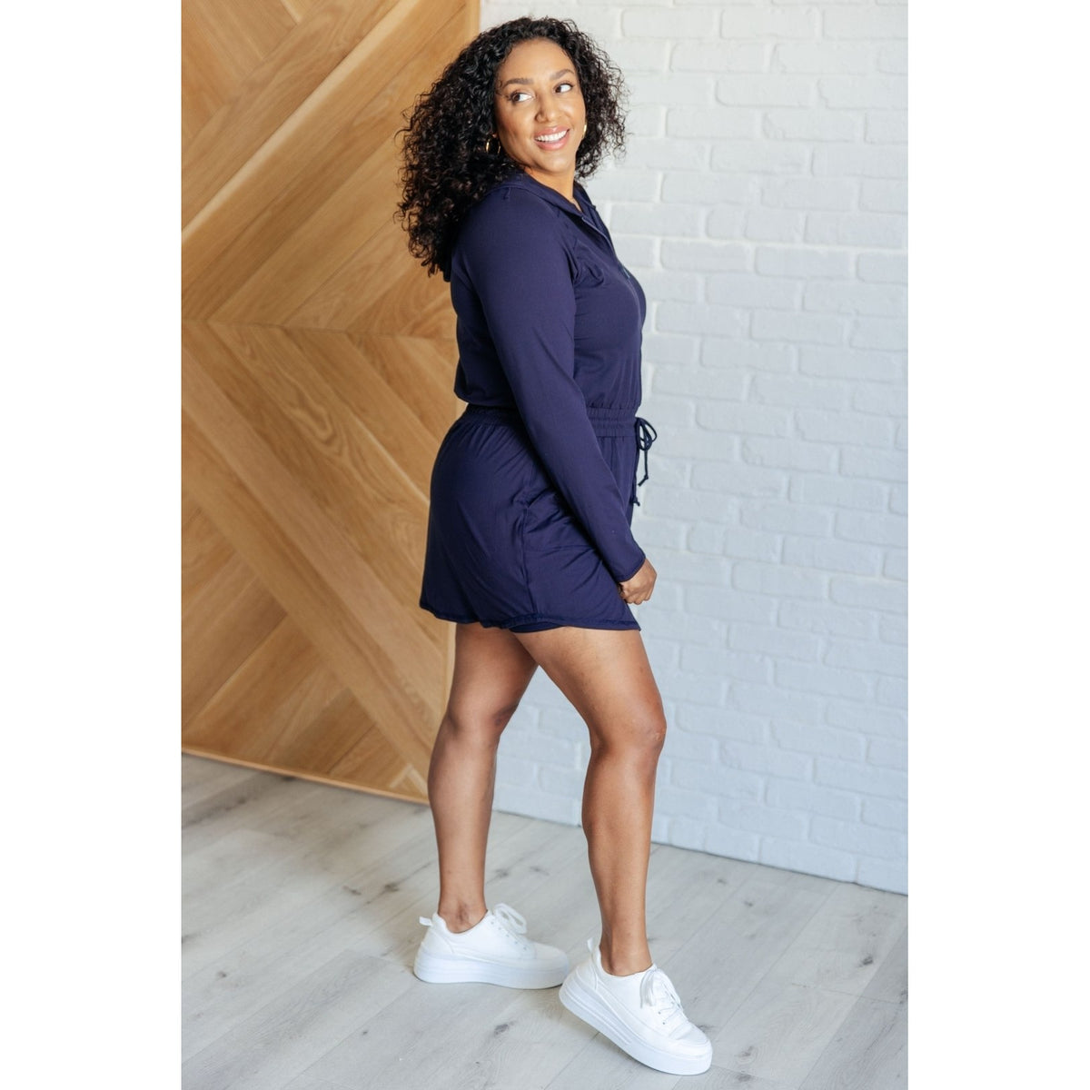 Getting Out Long Sleeve Hoodie Romper in Navy