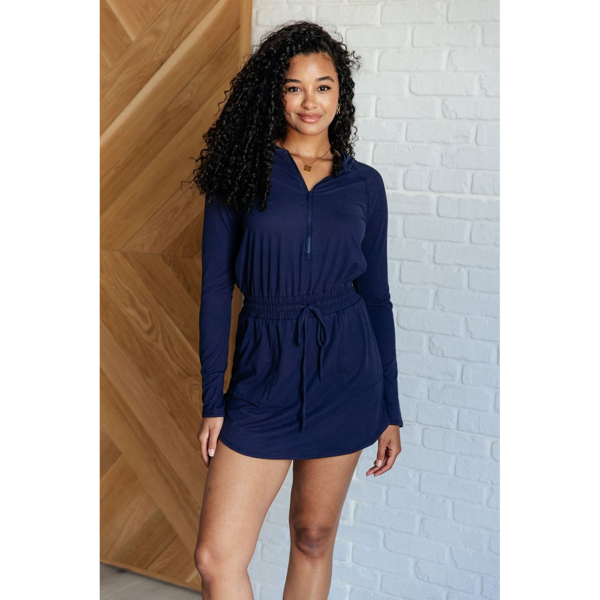 Getting Out Long Sleeve Hoodie Romper in Navy