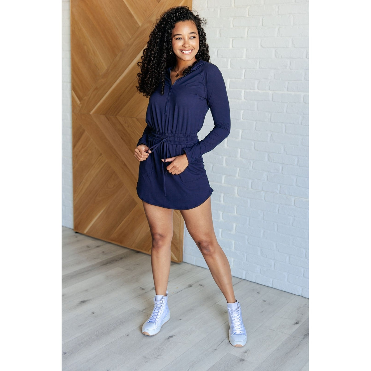 Getting Out Long Sleeve Hoodie Romper in Navy