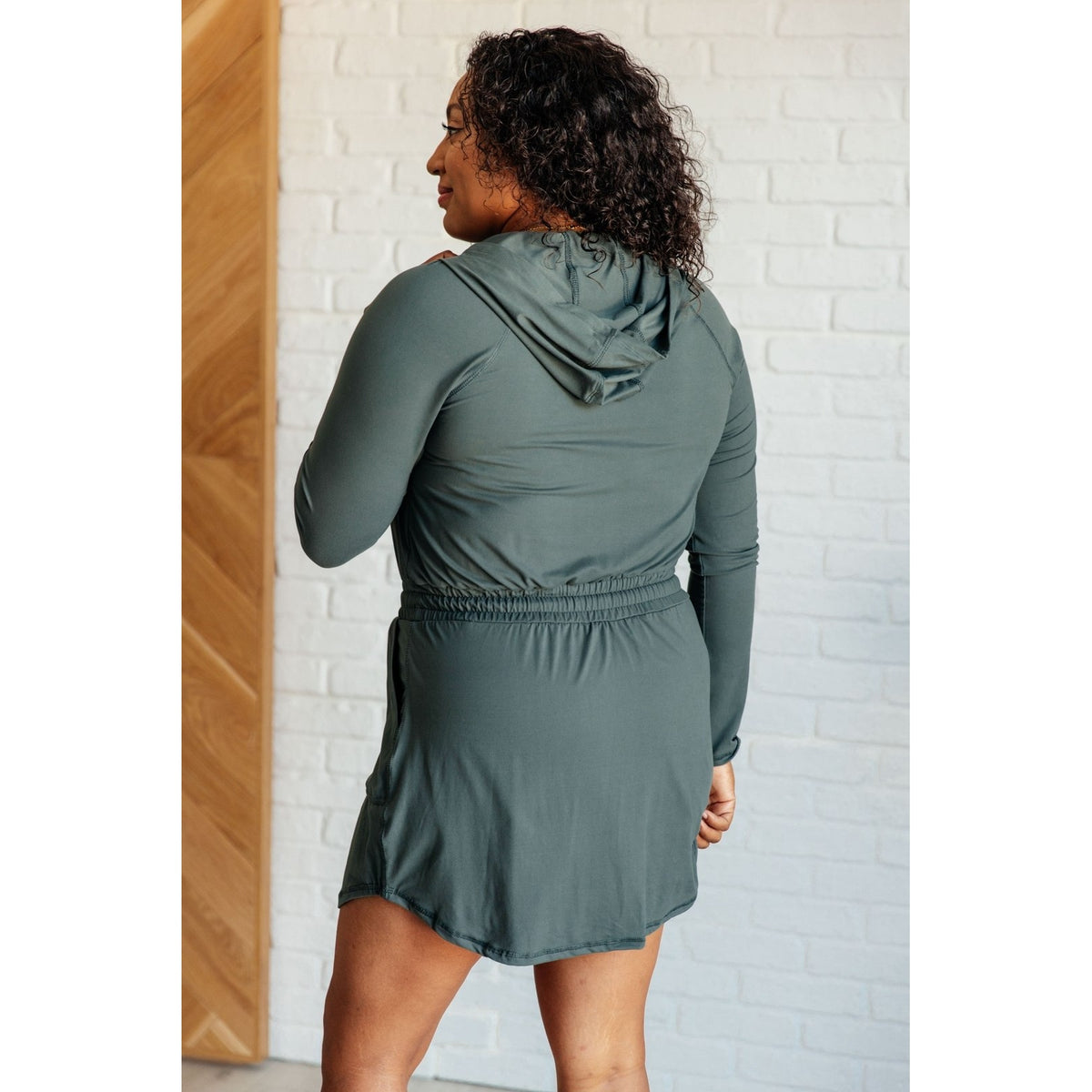 Getting Out Long Sleeve Hoodie Romper in Smoked Spruce