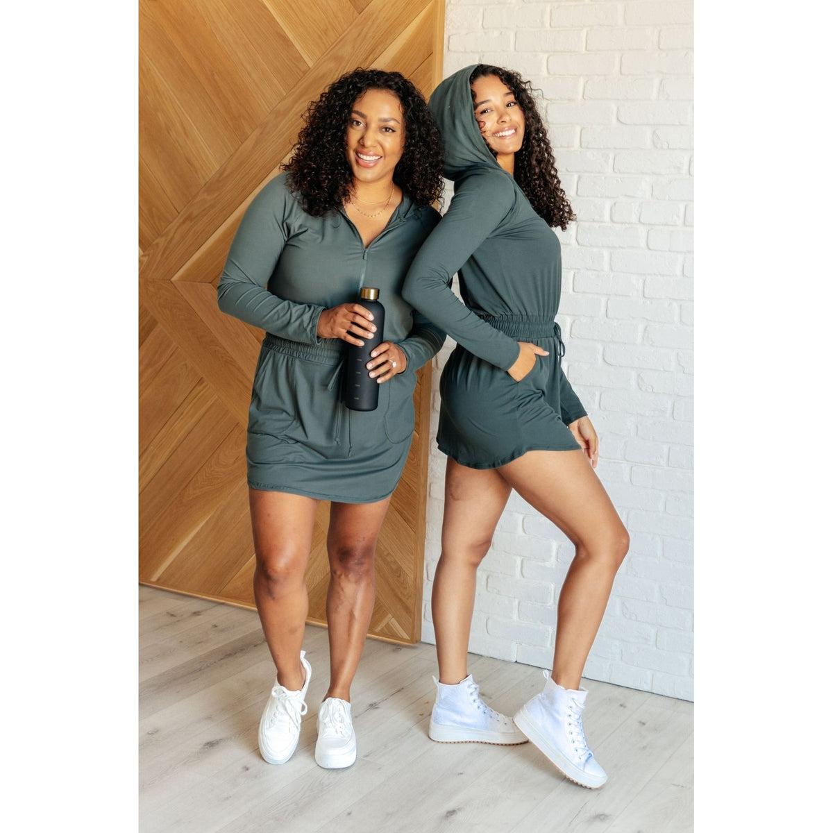 Getting Out Long Sleeve Hoodie Romper in Smoked Spruce