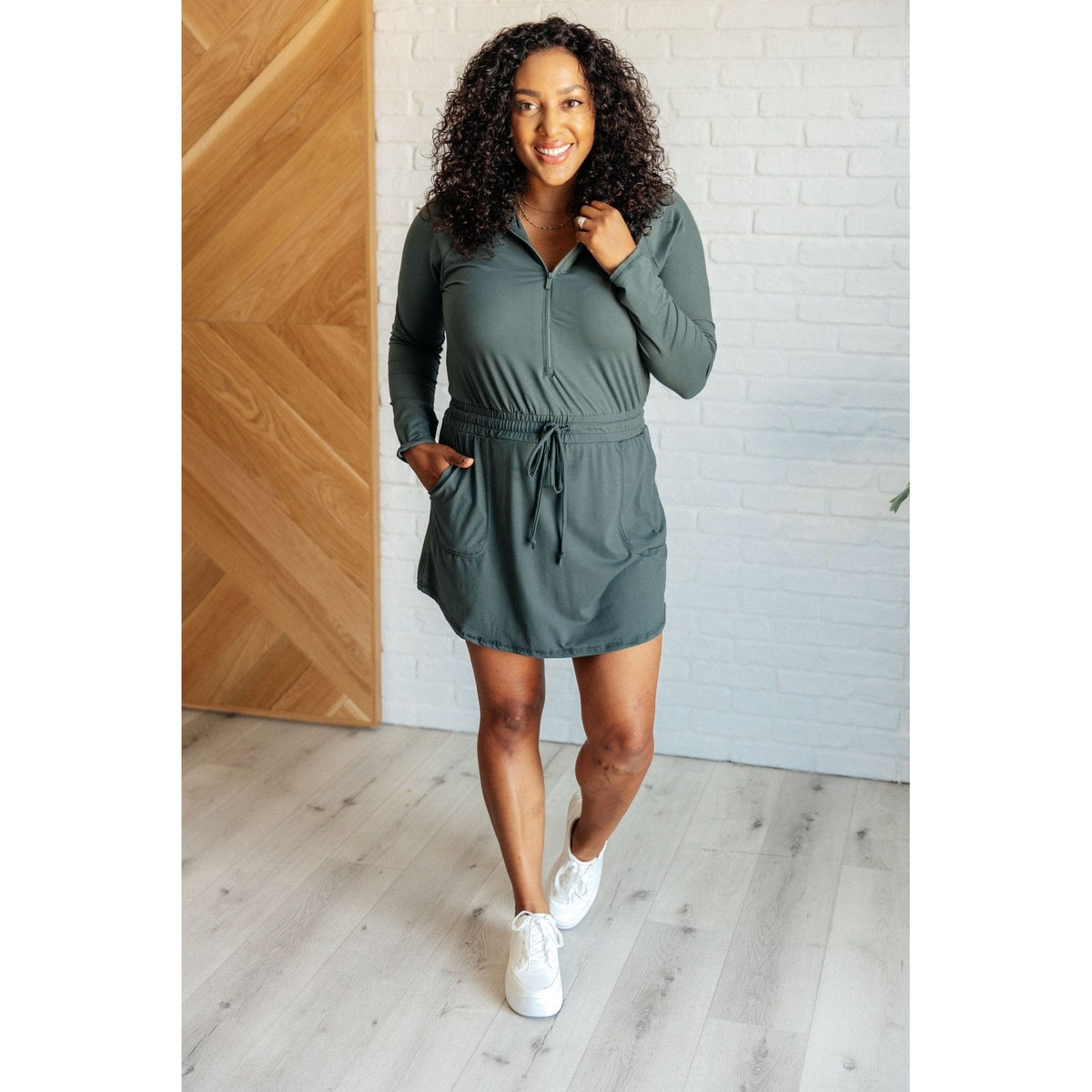 Getting Out Long Sleeve Hoodie Romper in Smoked Spruce