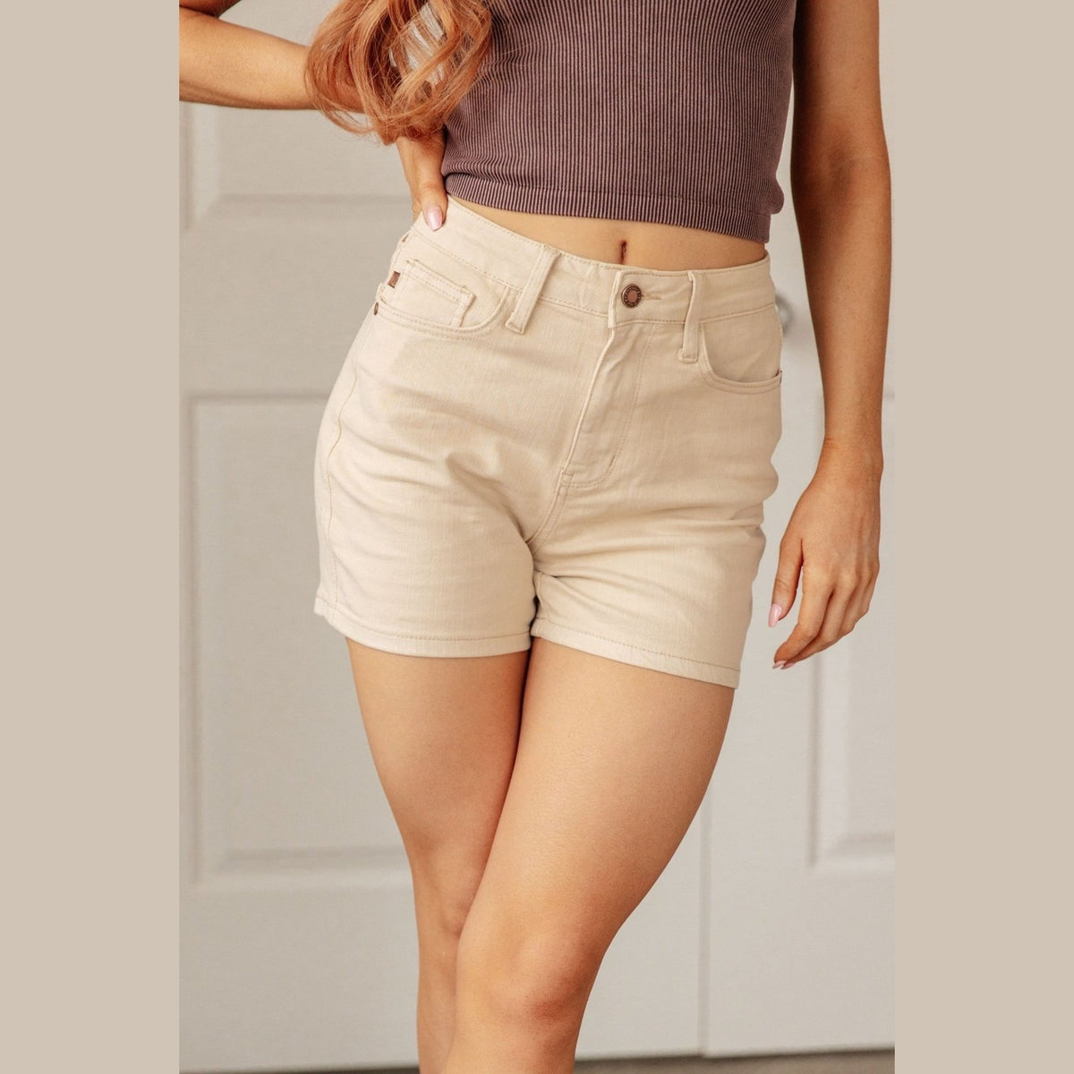 Greta High Rise Garment Dyed Shorts in Bone