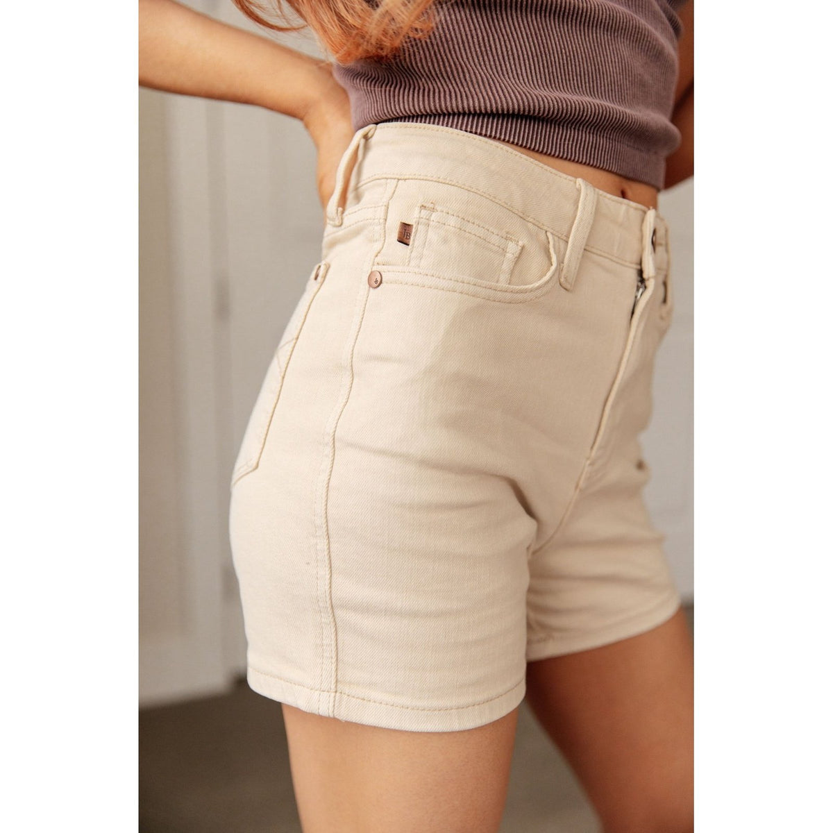 Greta High Rise Garment Dyed Shorts in Bone