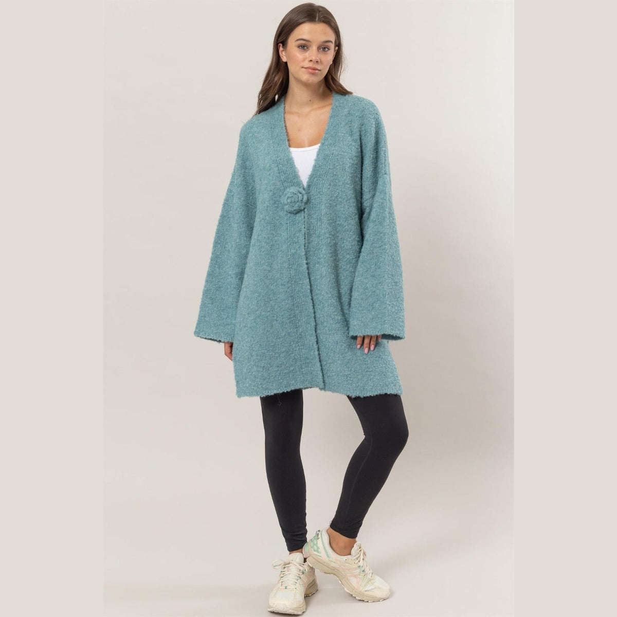 HYFVE Front Rosette Longline Slit Sweater Cardigan