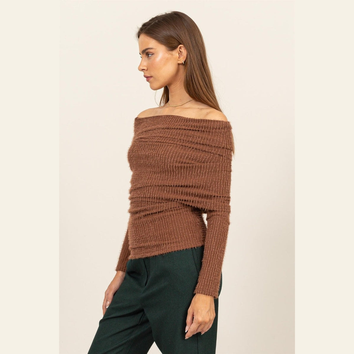 HYFVE Fuzzy Off Shoulder Textured Knit Top