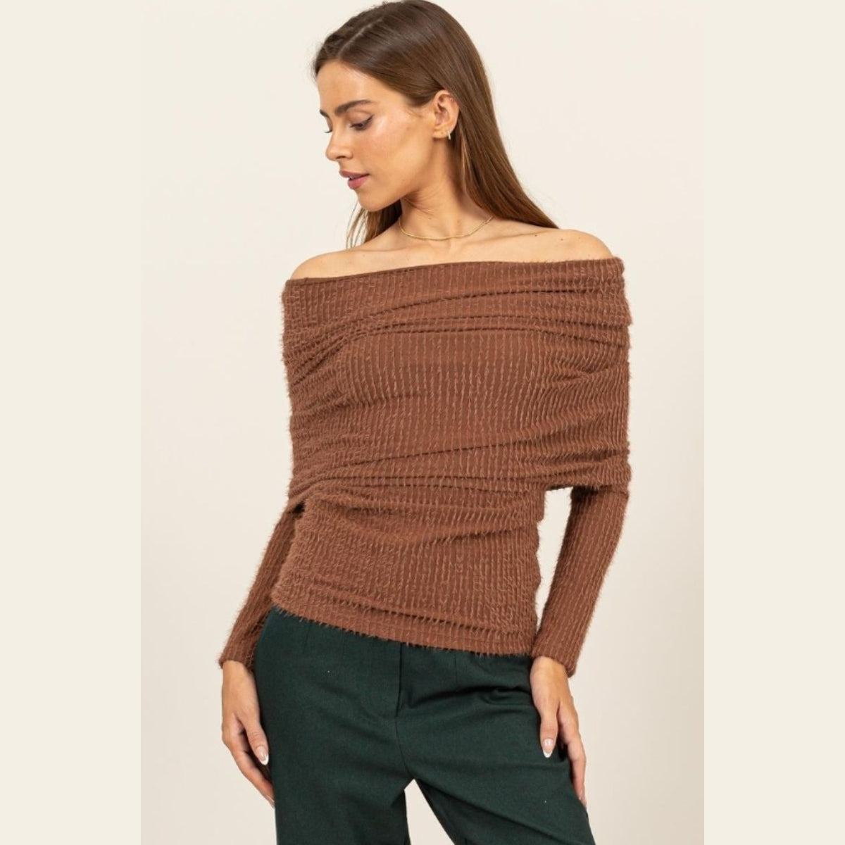 HYFVE Fuzzy Off Shoulder Textured Knit Top