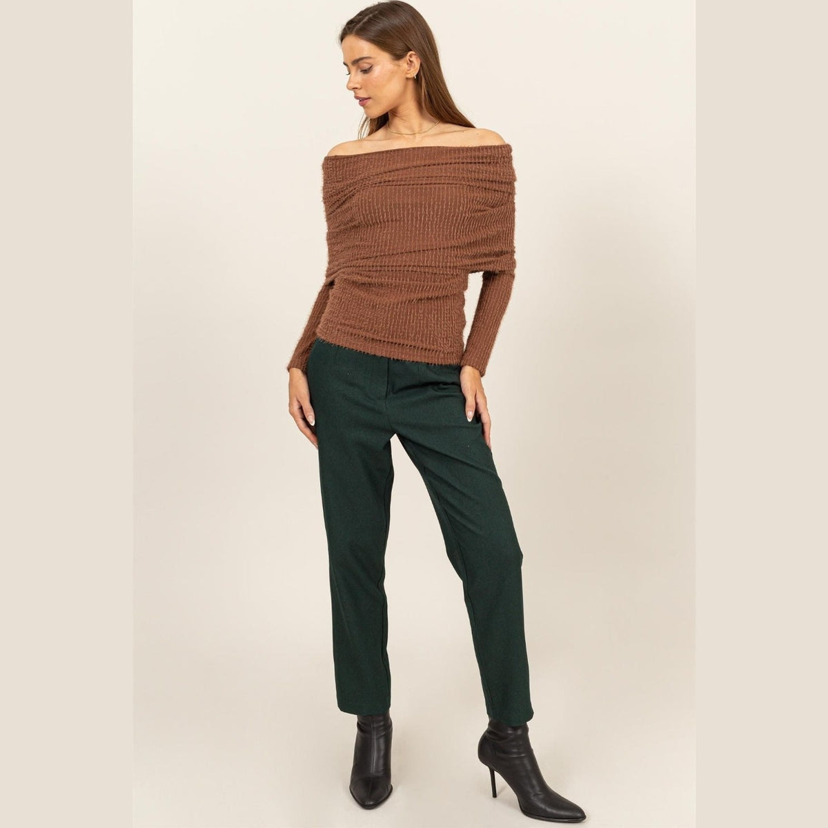 HYFVE Fuzzy Off Shoulder Textured Knit Top