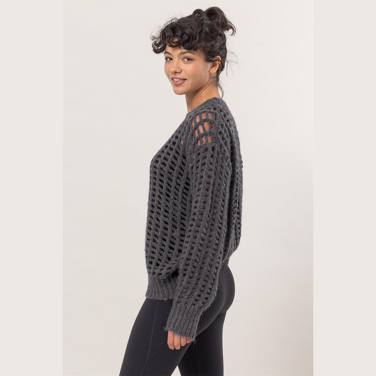 HYFVE Openwork Round Neck Long Sleeve Knit Cover Up