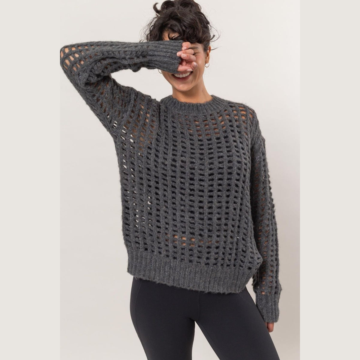 HYFVE Openwork Round Neck Long Sleeve Knit Cover Up