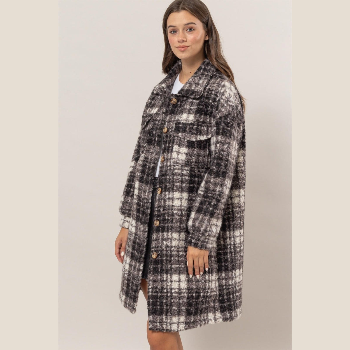 HYFVE Plaid Button Down Longline Shacket