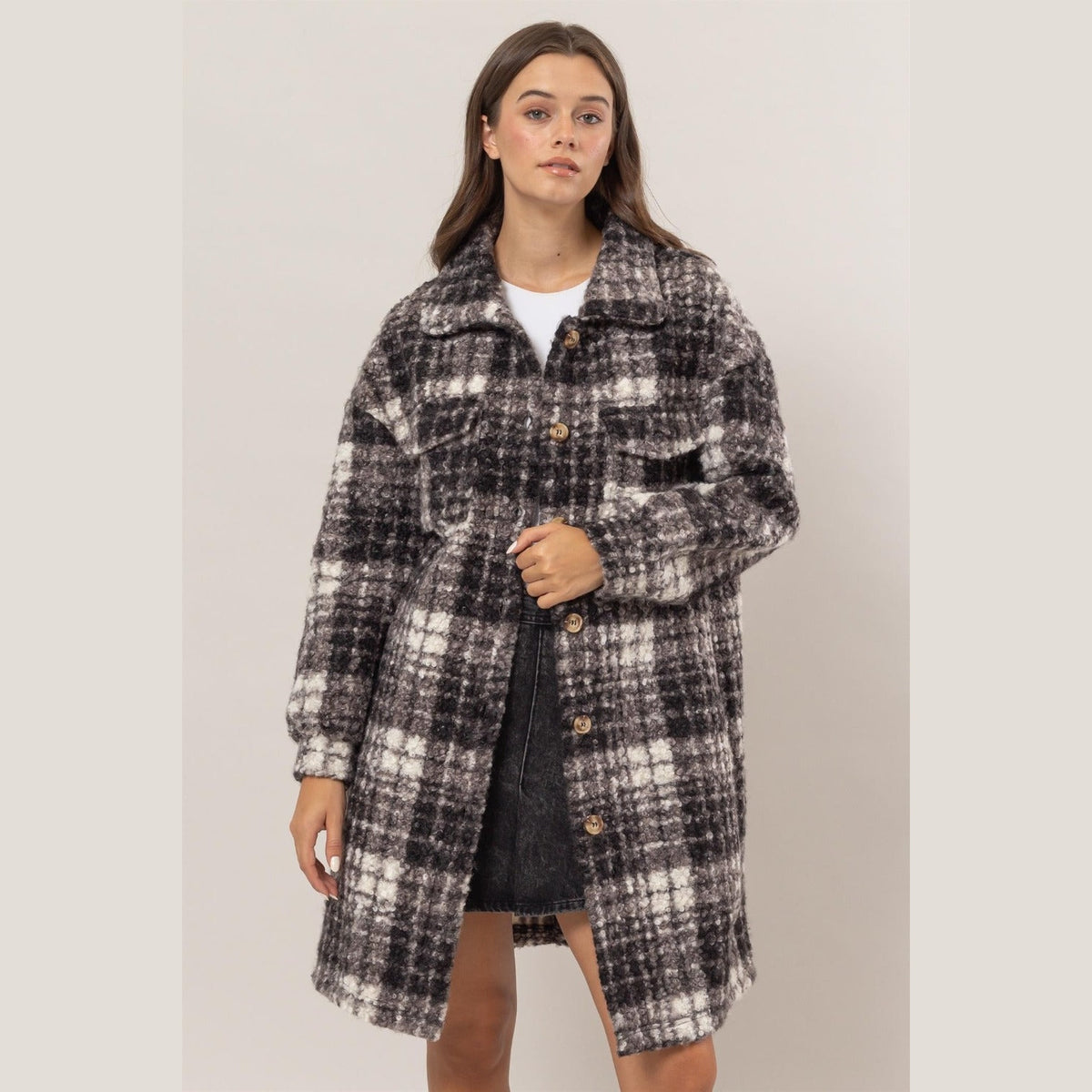 HYFVE Plaid Button Down Longline Shacket