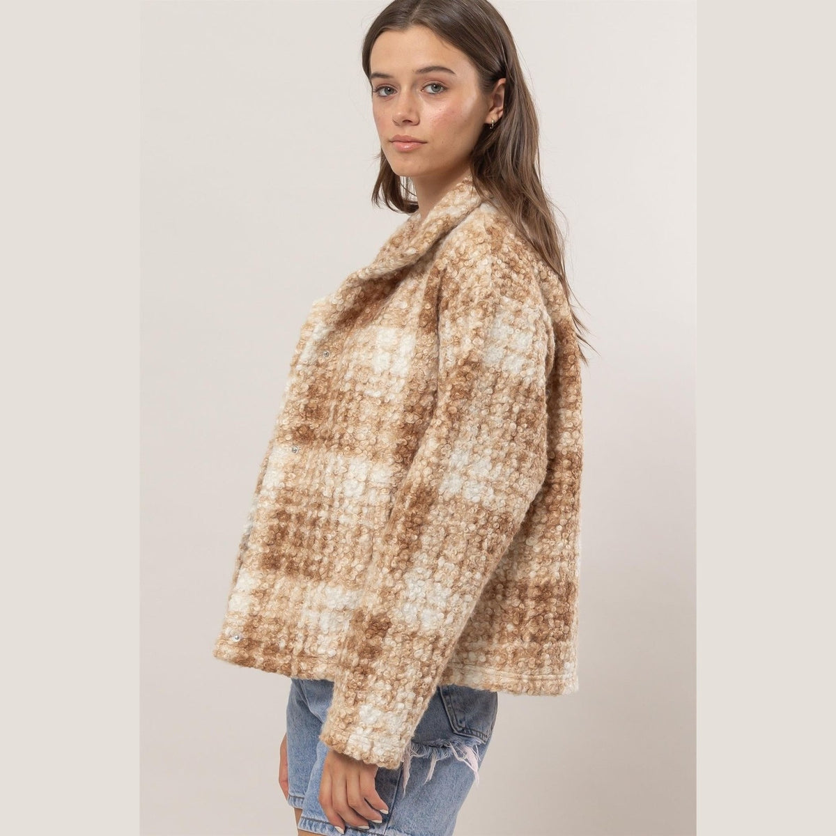 HYFVE Plaid Collared Neck Boucle Jacket with Pockets