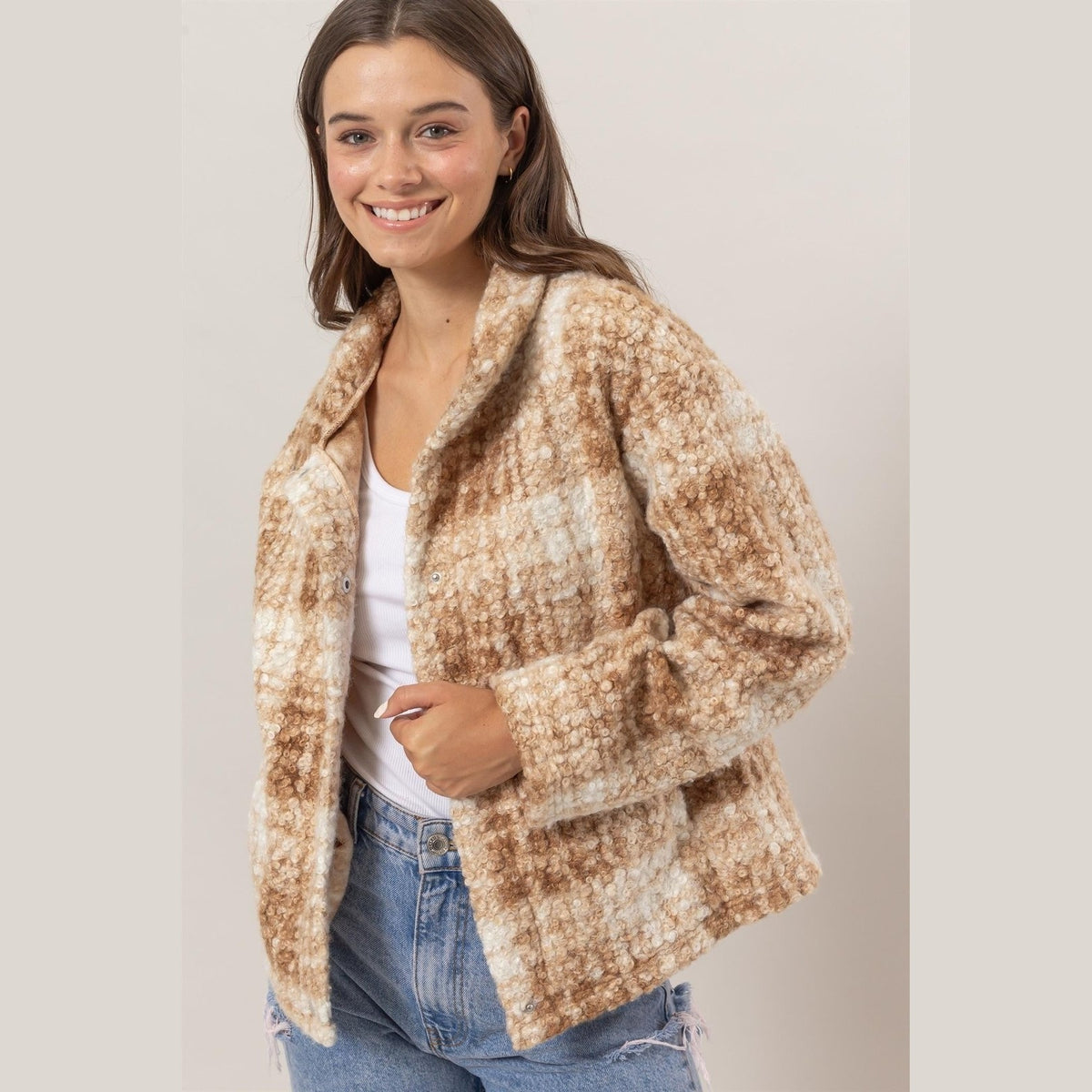 HYFVE Plaid Collared Neck Boucle Jacket with Pockets