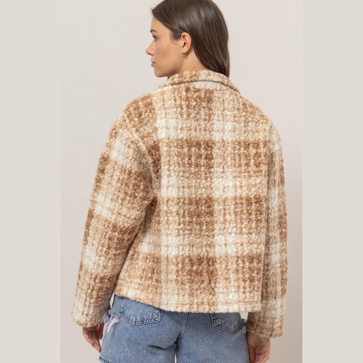 HYFVE Plaid Collared Neck Boucle Jacket with Pockets