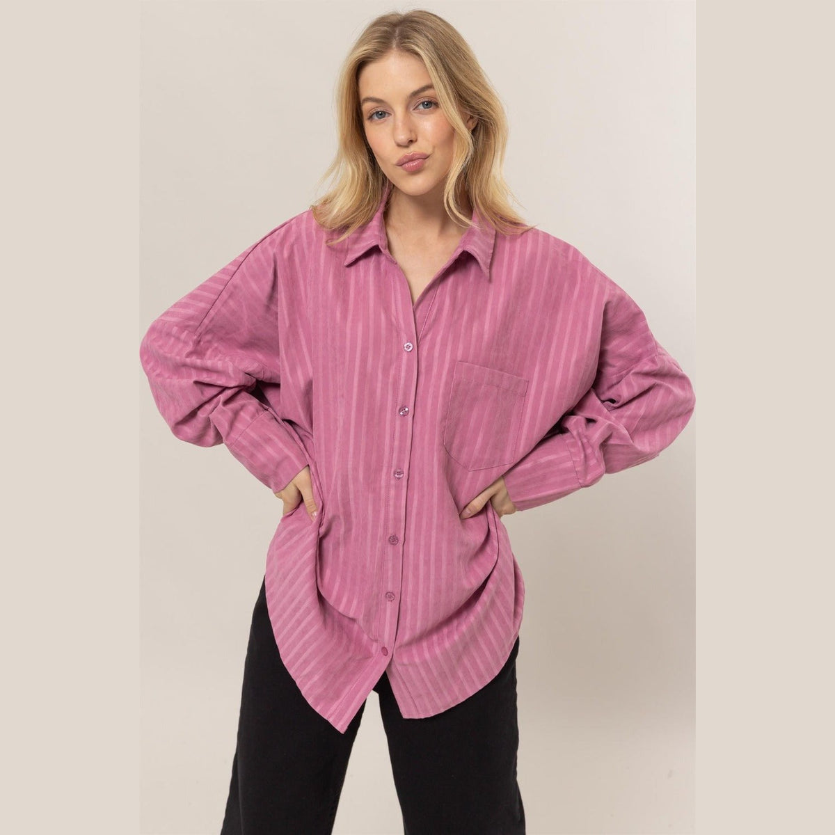 HYFVE Stripe Button Down Long Sleeve Oversized Shirt