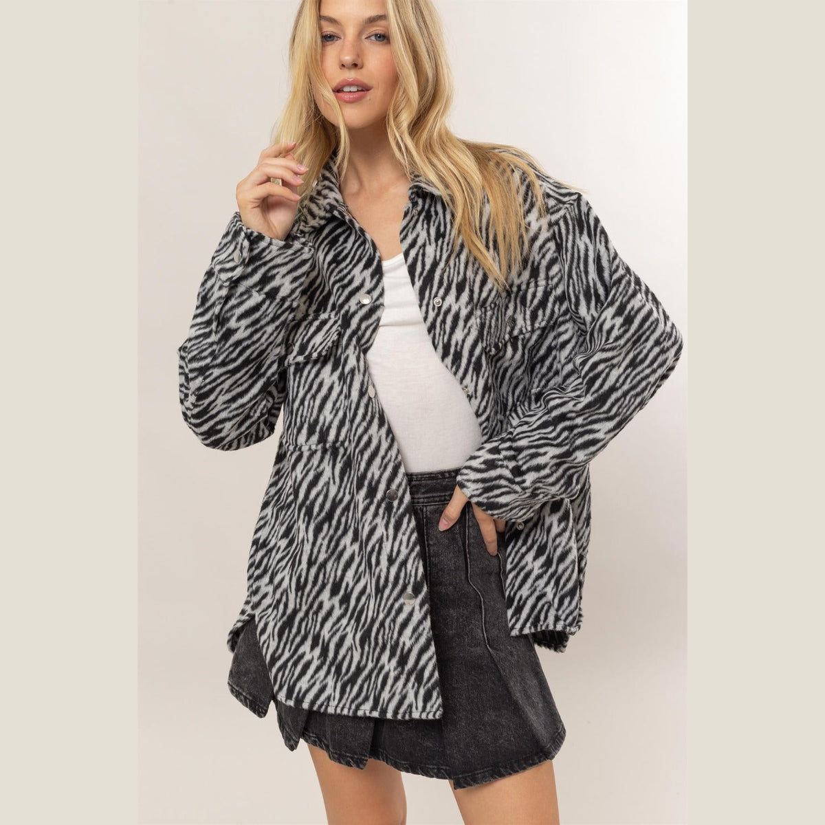 HYFVE Zebra Print Snap Down Long Sleeve Shacket