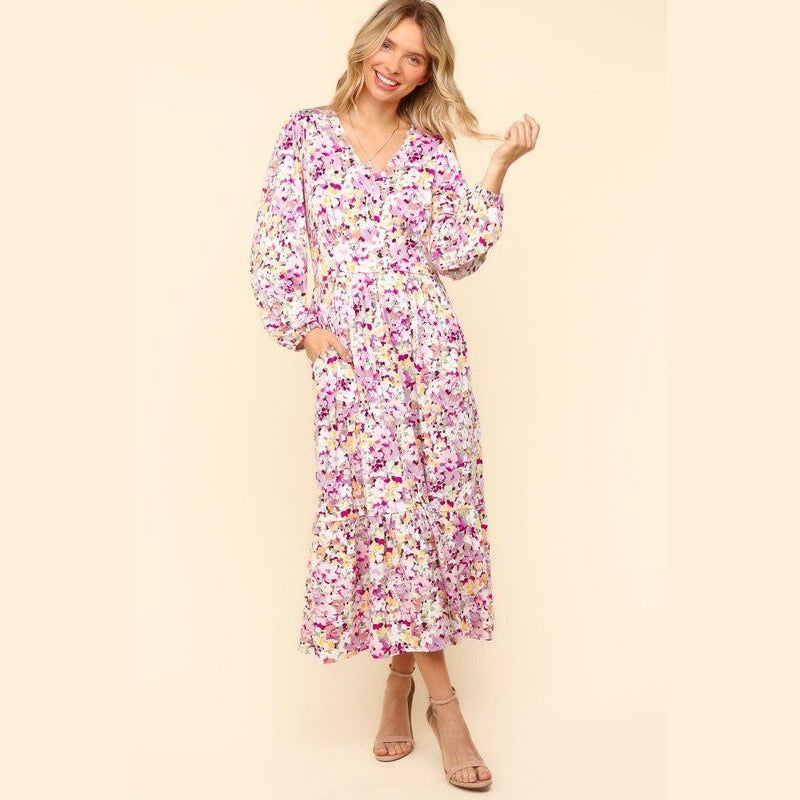 Haptics Full Size Floral V-Neck Long Sleeve Dress with Side Pockets