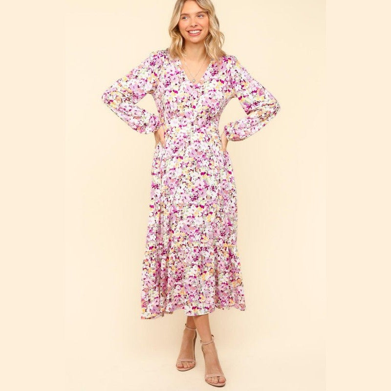 Haptics Full Size Floral V-Neck Long Sleeve Dress with Side Pockets