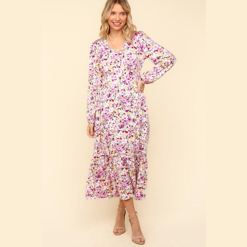 Haptics Full Size Floral V-Neck Long Sleeve Dress with Side Pockets