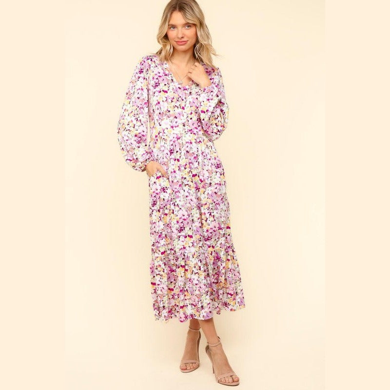 Haptics Full Size Floral V-Neck Long Sleeve Dress with Side Pockets