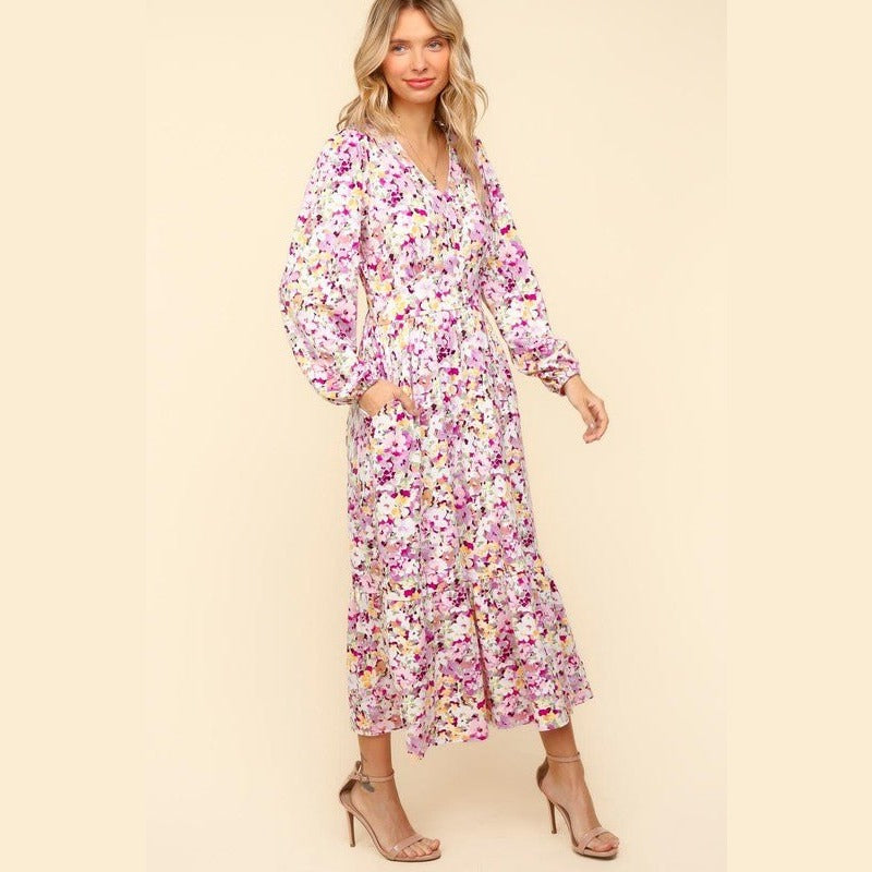 Haptics Full Size Floral V-Neck Long Sleeve Dress with Side Pockets