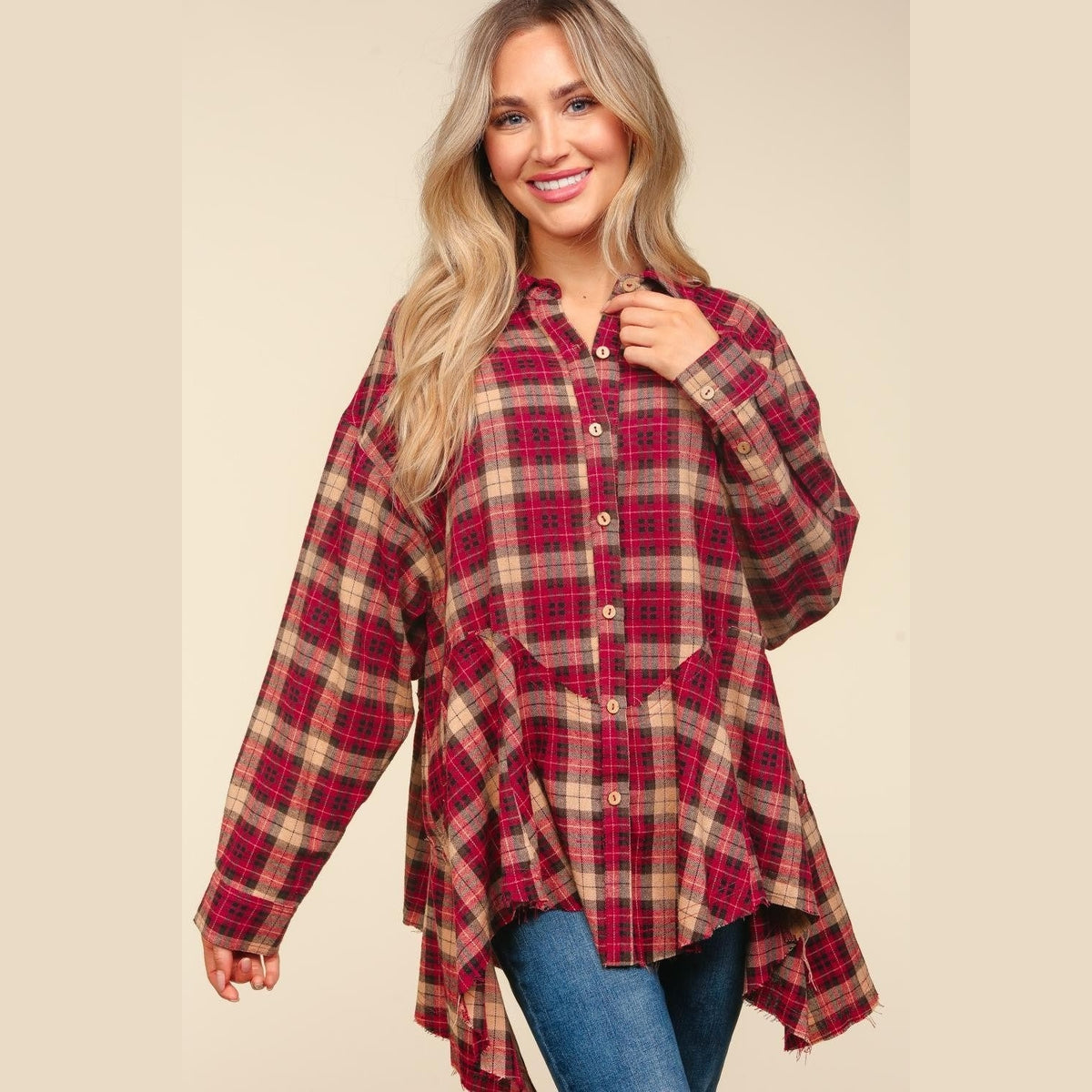 Haptics Plaid Button Down Sharkbite Shirt