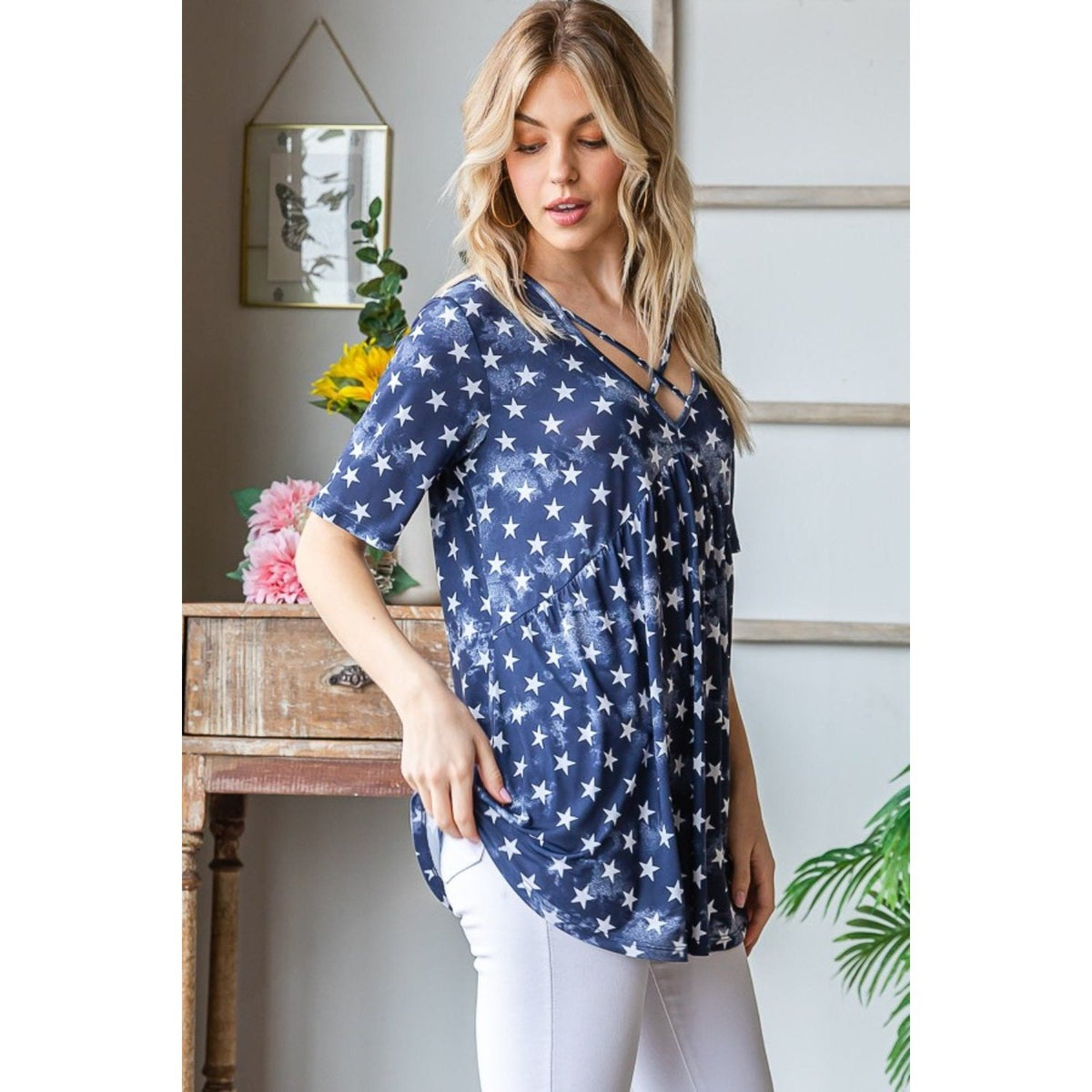 Heimish Full Size Short Sleeve Crisscross Star Babydoll Top