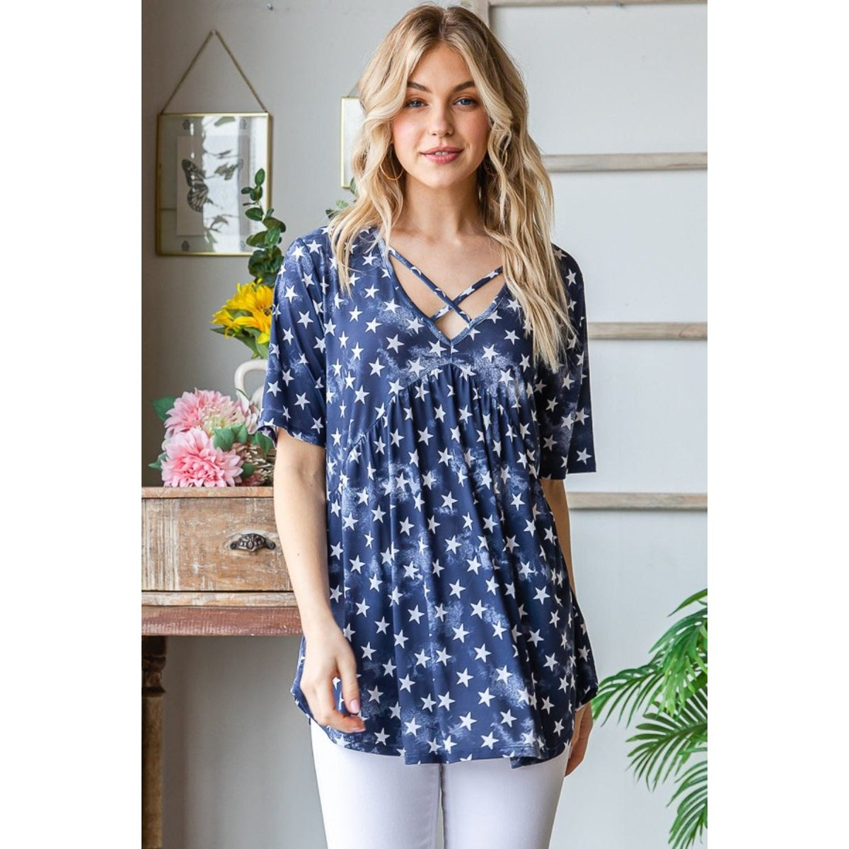 Heimish Full Size Short Sleeve Crisscross Star Babydoll Top