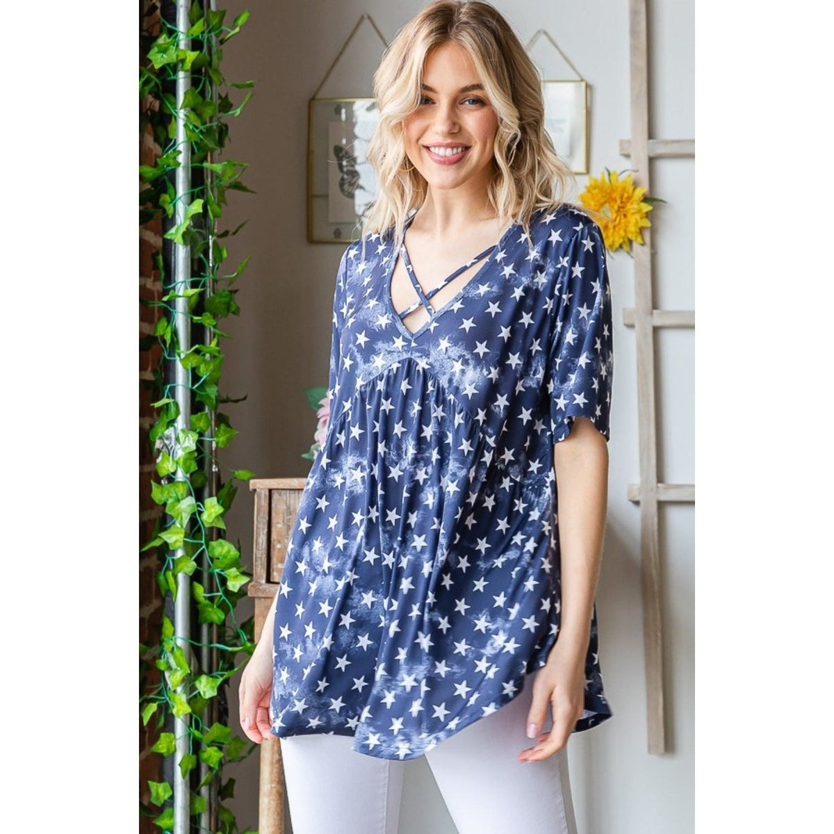 Heimish Full Size Short Sleeve Crisscross Star Babydoll Top