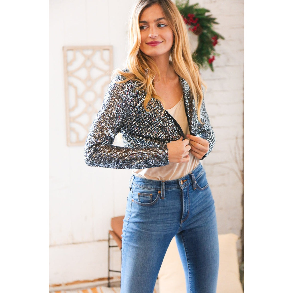 Holiday Sparkle Sequin Cropped Bolero Cardigan