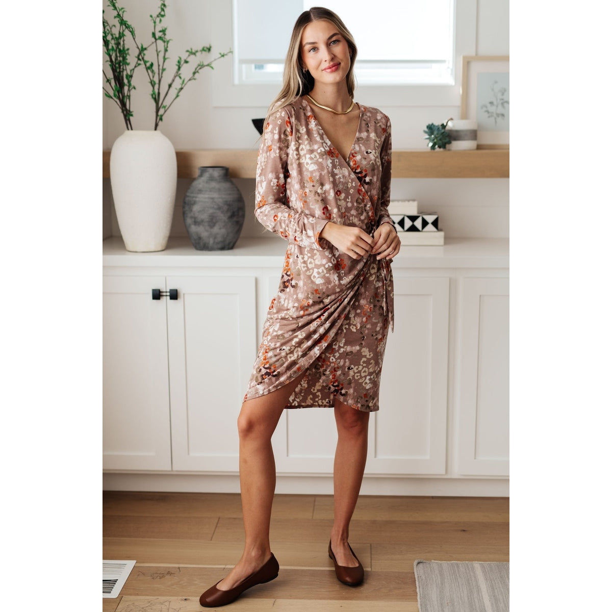 Honey Do I Ever Faux Wrap Dress in Taupe