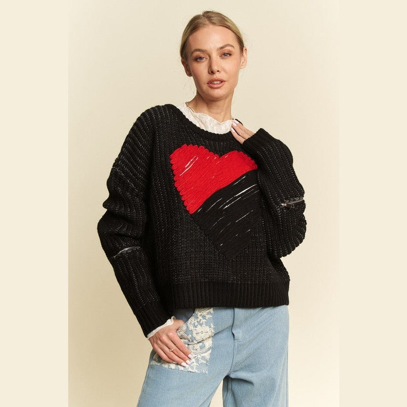 Davi & Dani Contrast Heart Dropped Shoulder Sweater