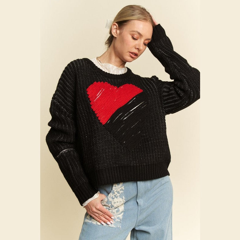 Davi & Dani Contrast Heart Dropped Shoulder Sweater