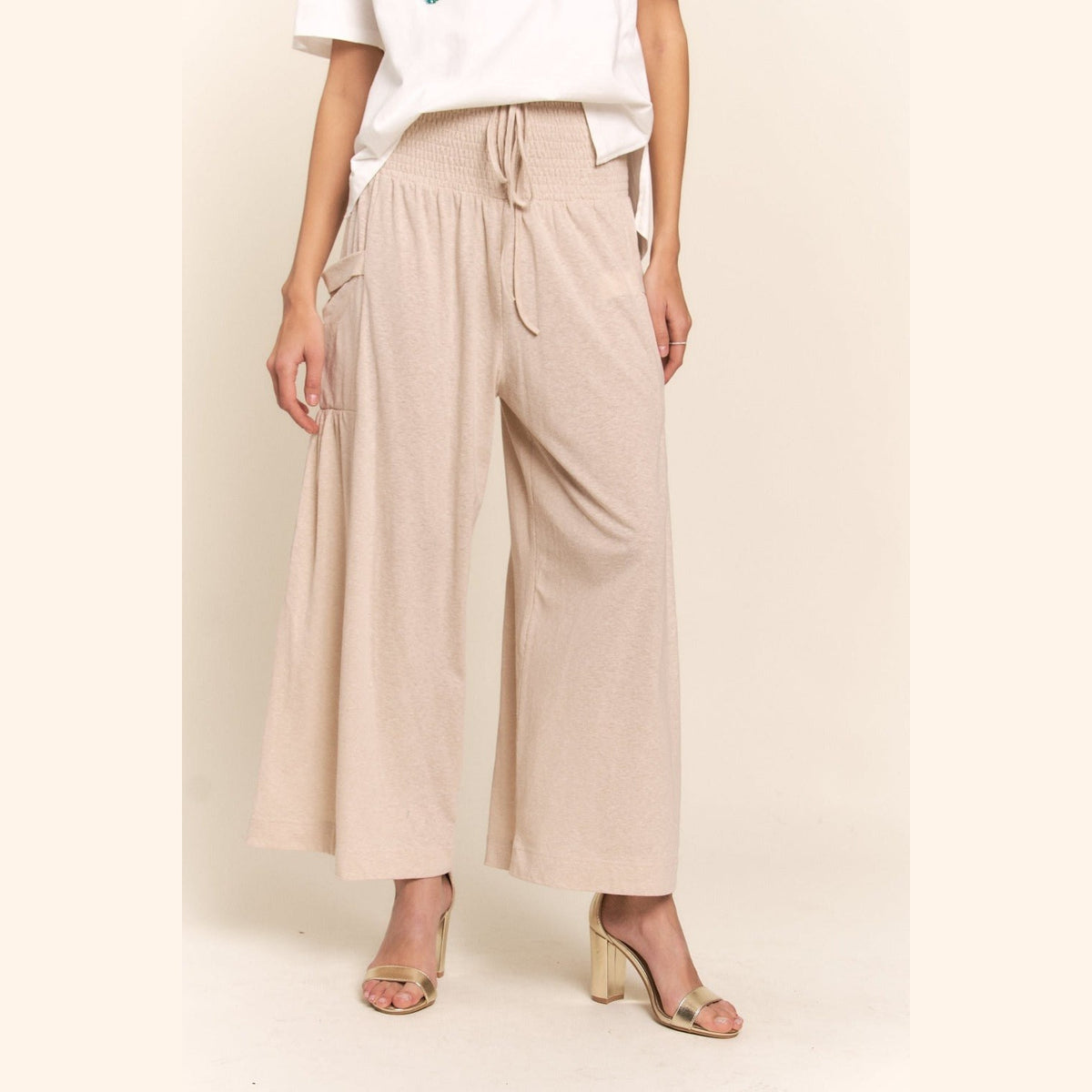 J.NNA Smocked Waist Boho Wide Leg Pants with Pockets