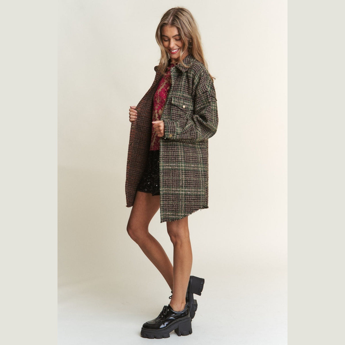 J.NNA Snap Down Tweed Plaid Contrast Longline Shacket