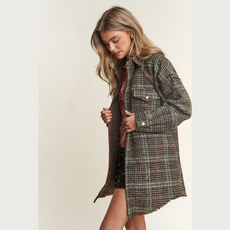 J.NNA Snap Down Tweed Plaid Contrast Longline Shacket