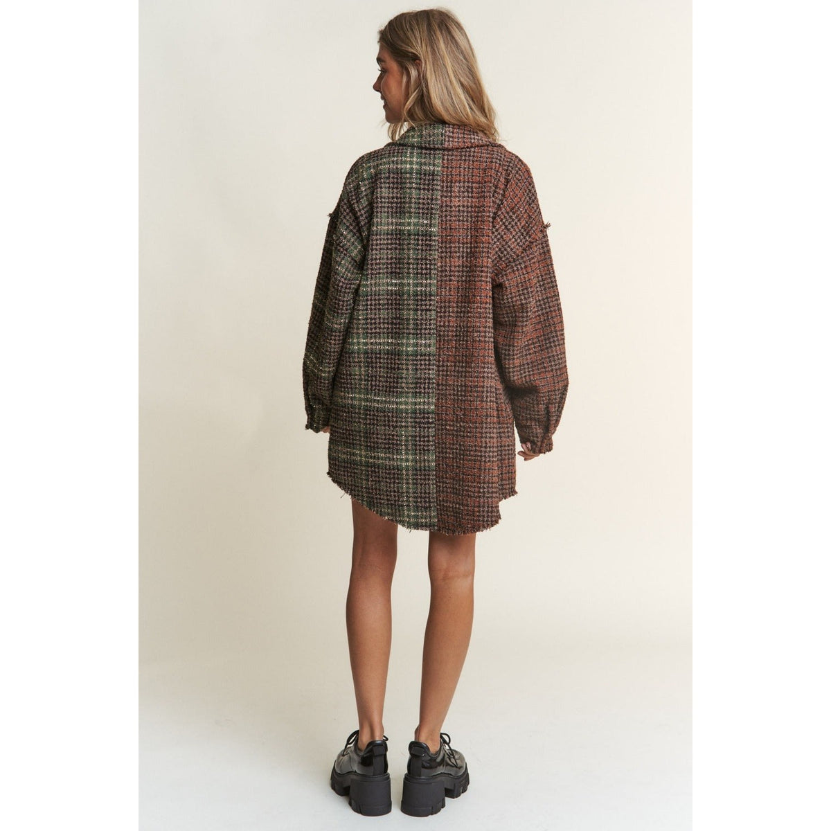 J.NNA Snap Down Tweed Plaid Contrast Longline Shacket